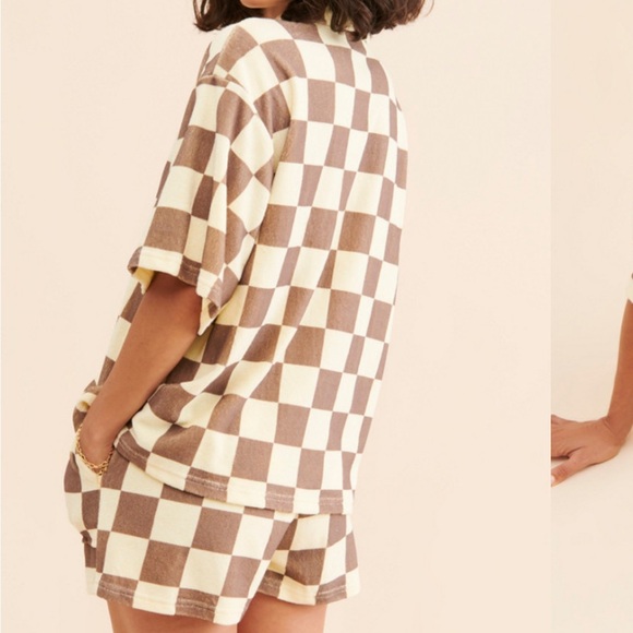 ONA Cream Brown Checkered Terry Oversized Button Down Short Sleeve Top M - Picture 2 of 10